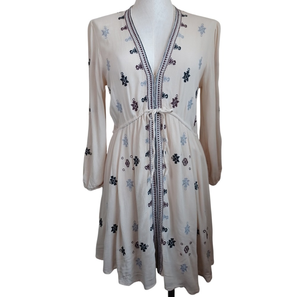 Free People Embroidered Gauze Mini Dress Cream Boho V-Neck Long Sleeve Womens M - Picture 1 of 14